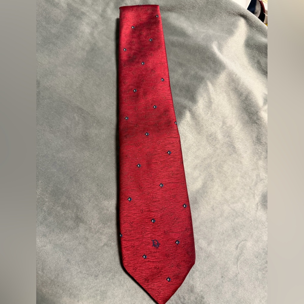 Dior Men's Red Tie with Small Navy Dot Motif